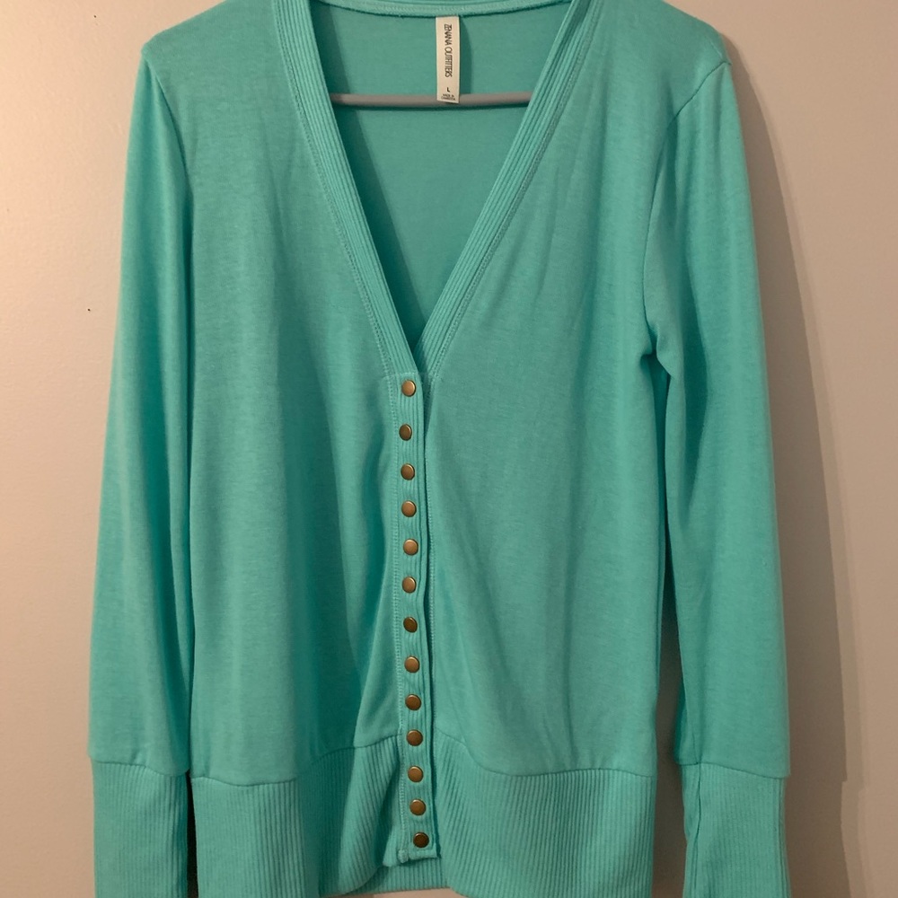 Dark mint cardigan with brass buttons